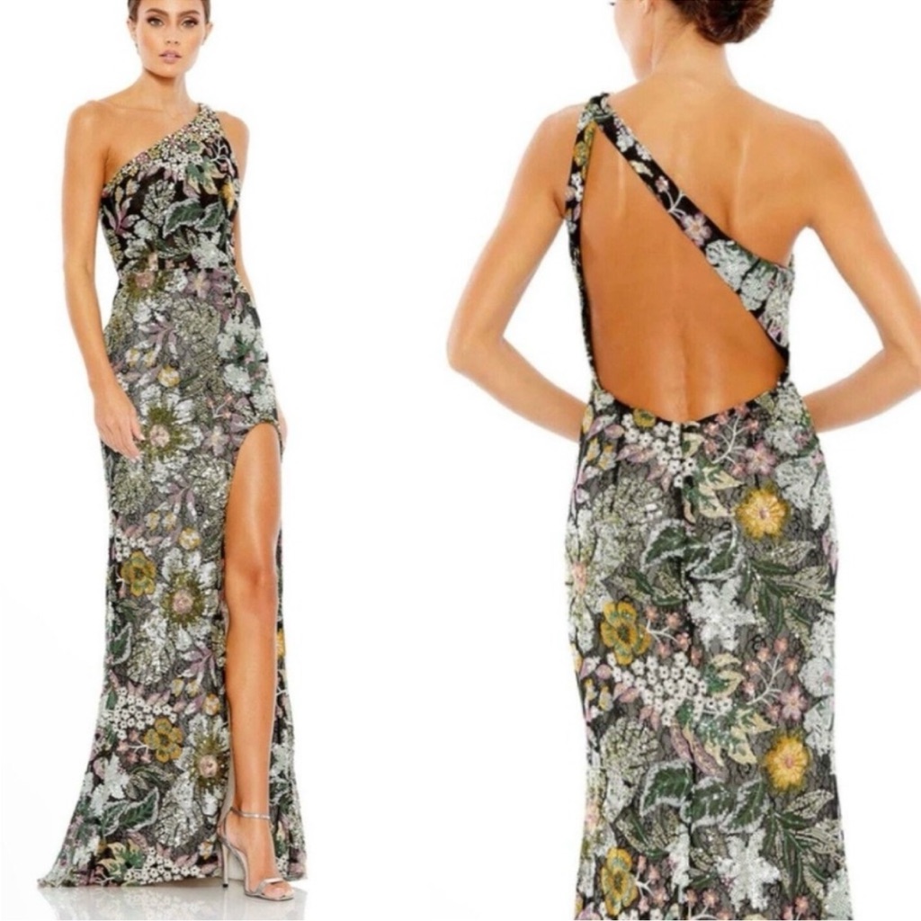 Mac Duggal One-Shoulder Floral Sequin Gown In Black, Green, Gold
